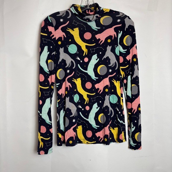 Modcloth Tops - ModCloth Space Cats Mock Neck Top Navy Blue Celestial Moon Constellation Small